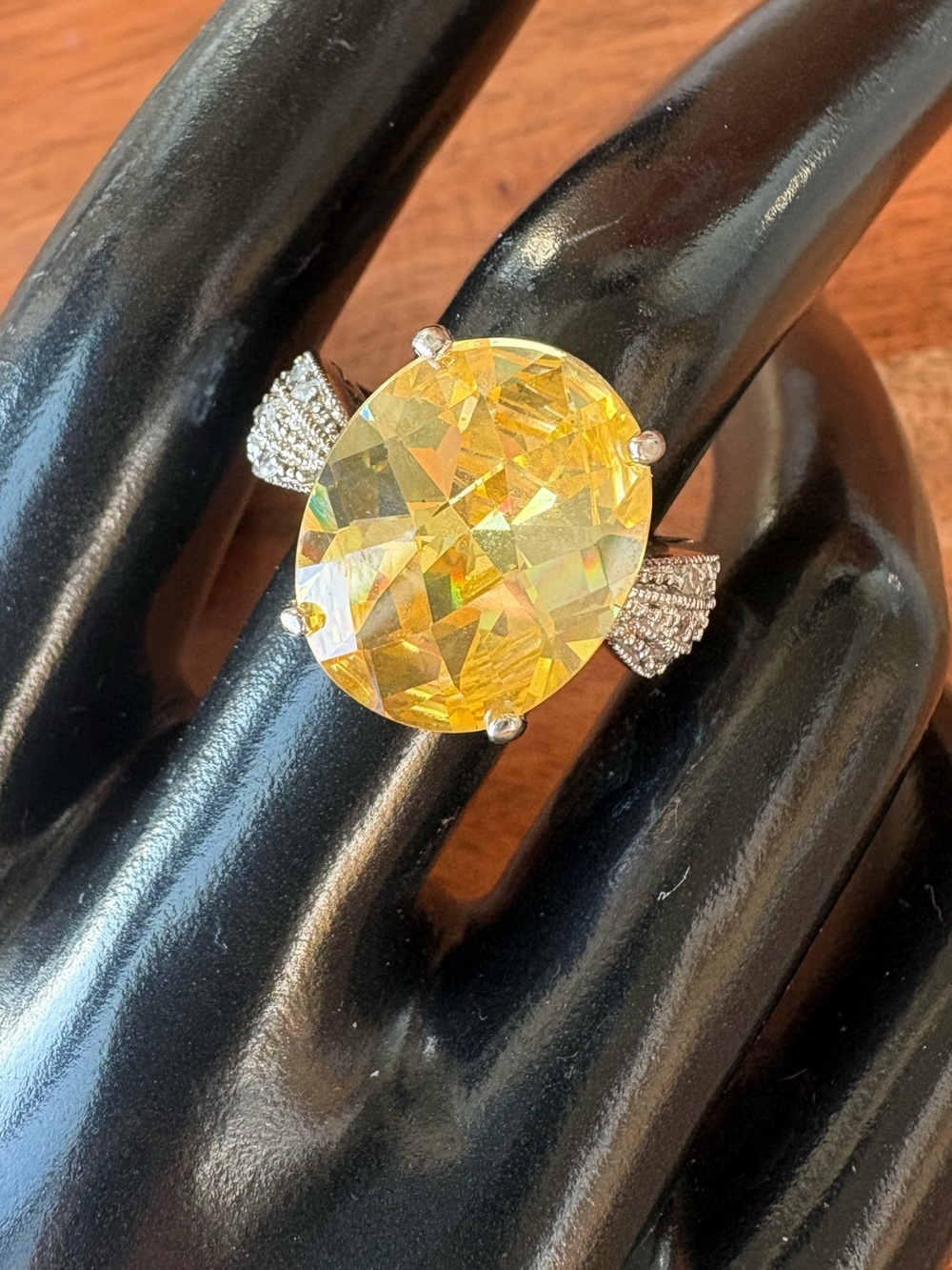 Yellow Oval Gemstone Cocktail Ring - Size 7.5